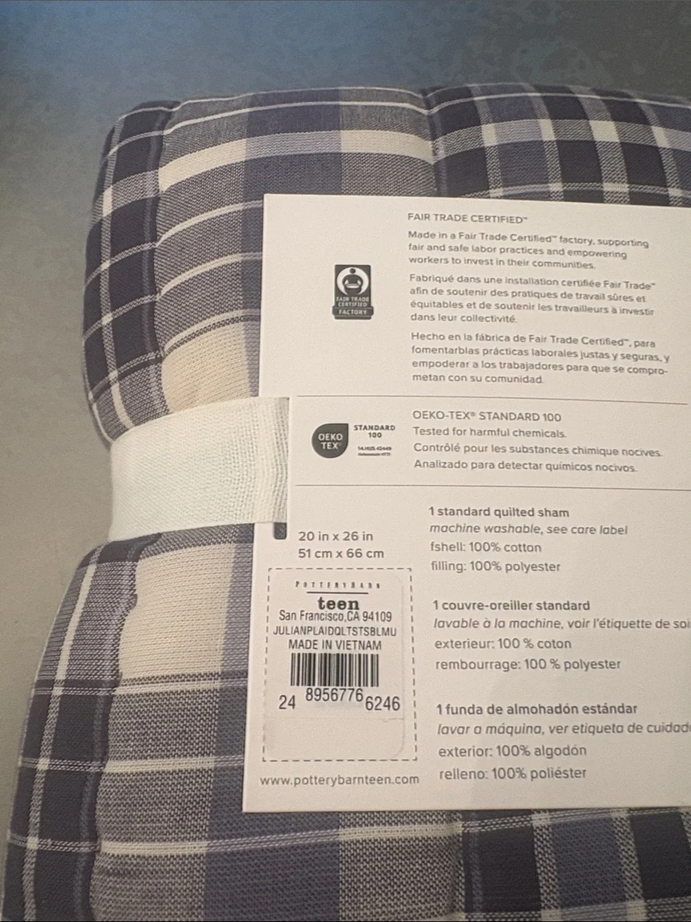 Pottery Barn Teen Julian Plaid Quilted Sham - Blue & Cream Plaid